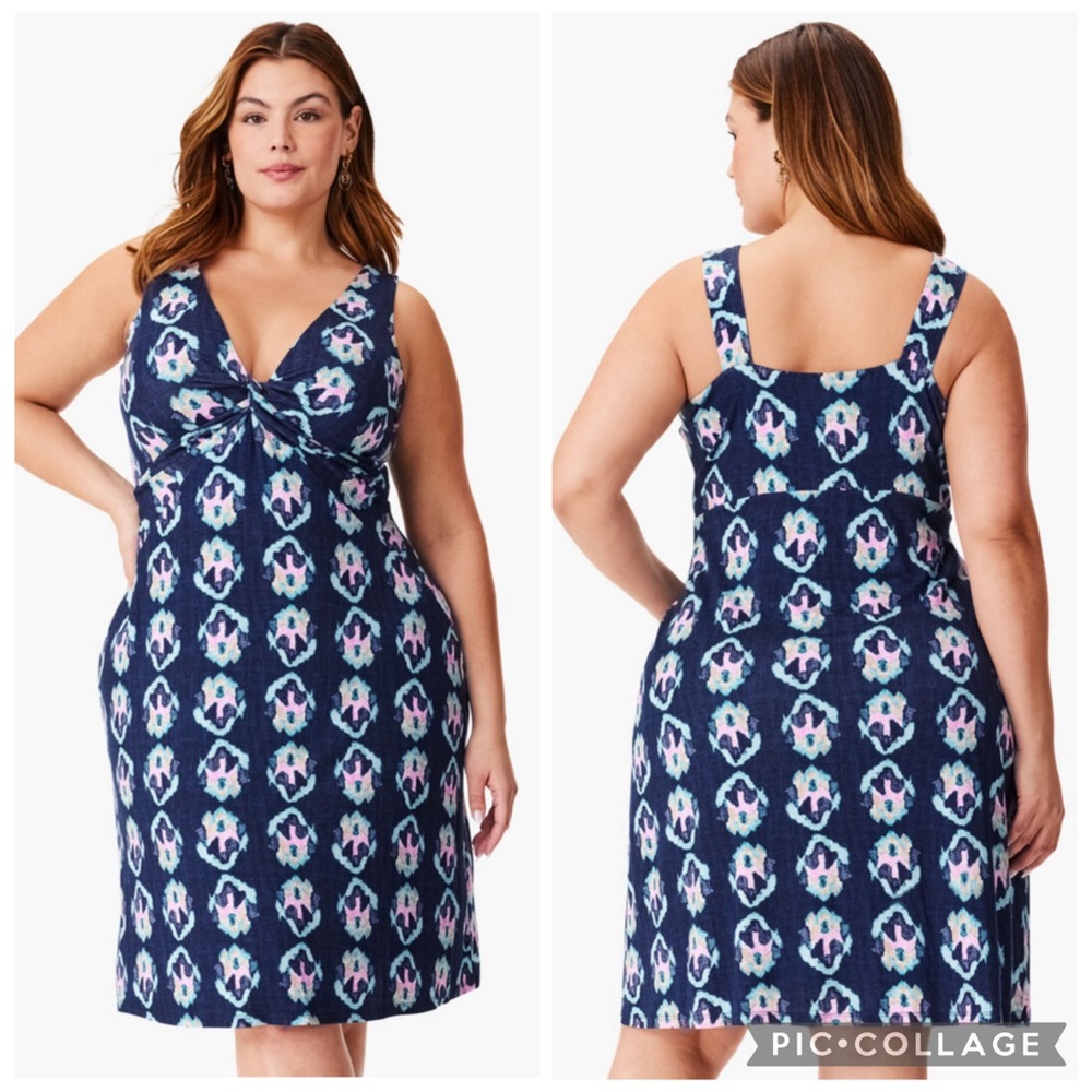 Nic+Zoe Ocean Batik Jersey Dress Indigo Multi Blue 1X‎